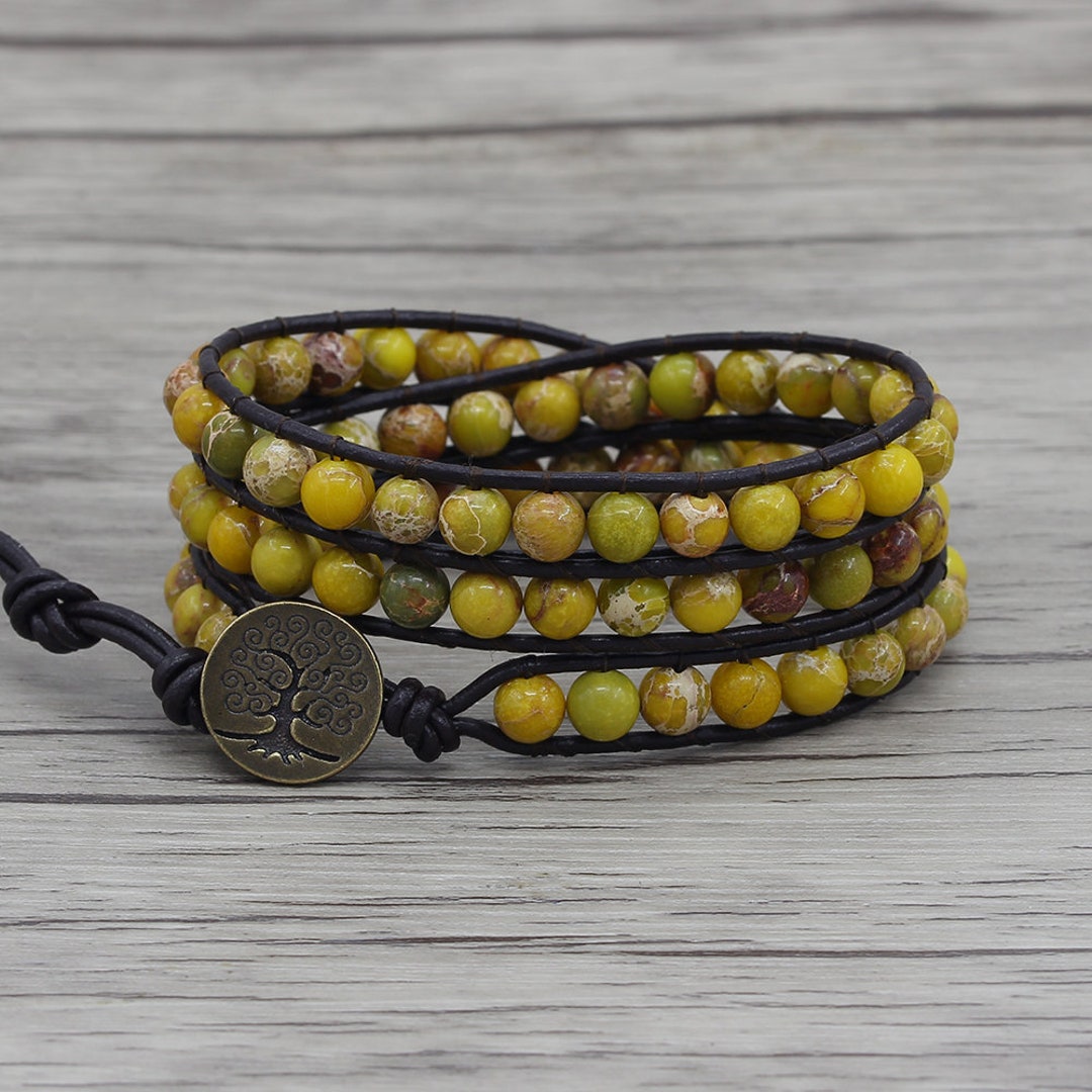 Yellow Jasper Bracelet Leather Wrap Bracelet Boho Beads Etsy