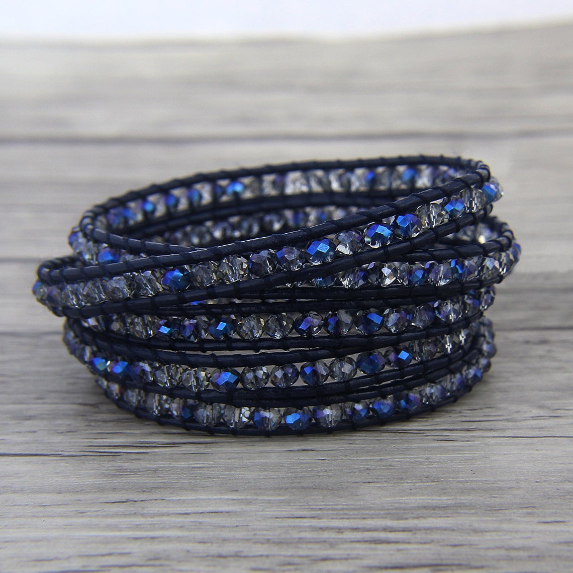 5 Rows Leather Wrap Bracelet Steel Blue Crystal Wrap Bracelet Etsy