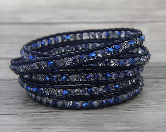 5 Rows Leather wrap Bracelet Steel blue crystal wrap Bracelet 5 Wraps Bracelet Crystal Bead Bracelet Bead Wrap bracelet bead Jewelry SL-0455