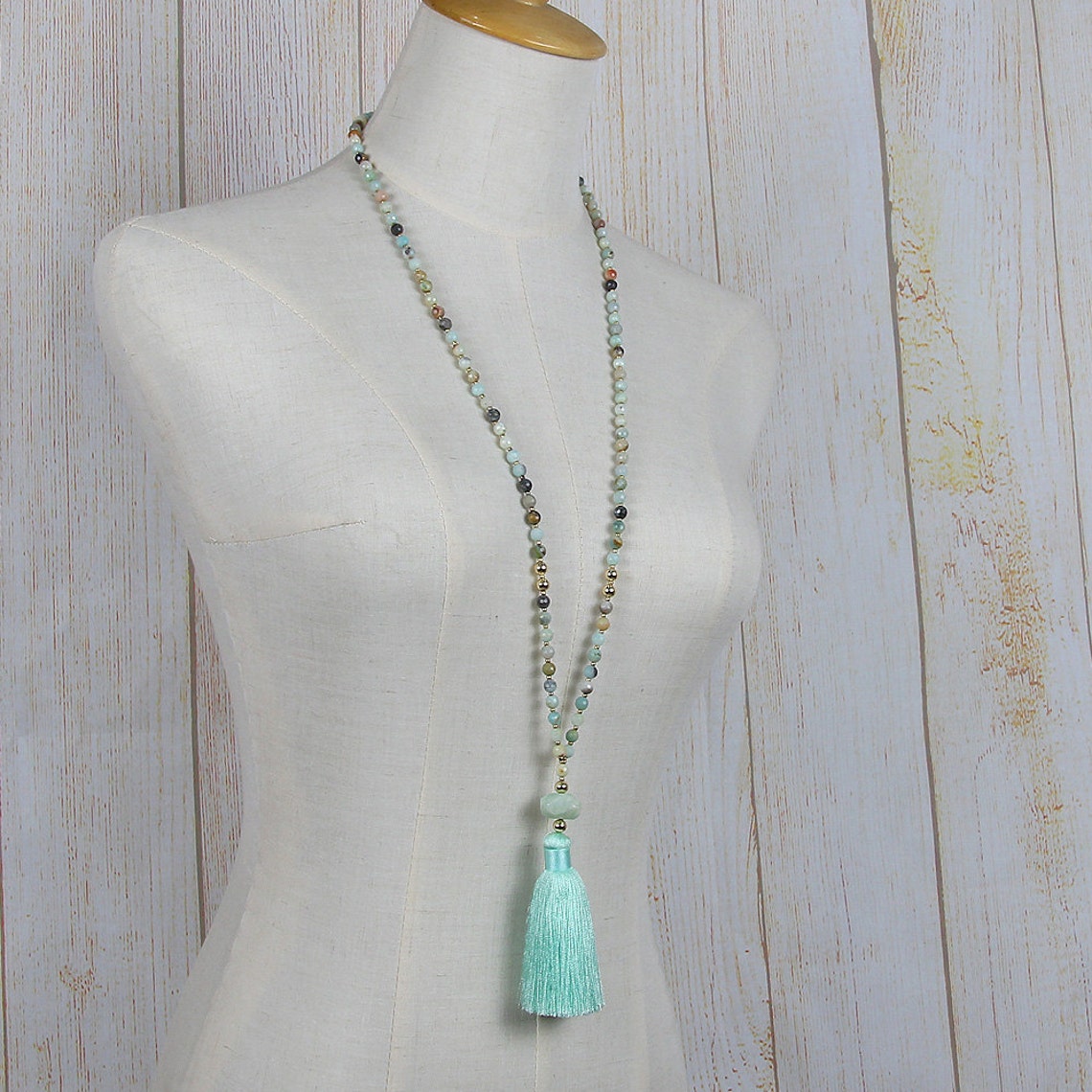 Gemstone bead necklace Bead tassel necklace Amazonite bead Etsy