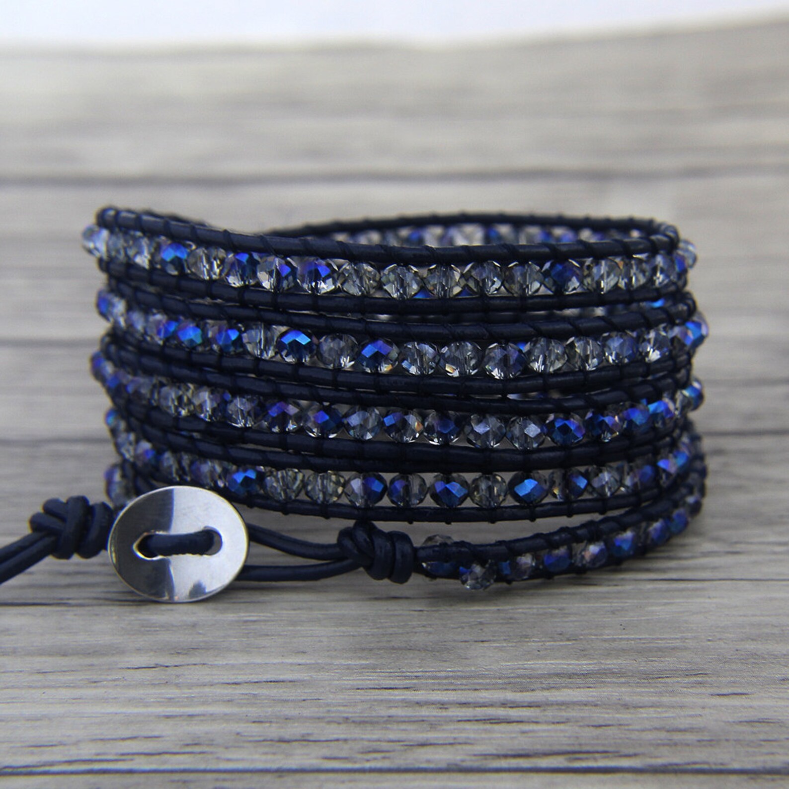 5 Rows Leather Wrap Bracelet Steel Blue Crystal Wrap Bracelet Etsy