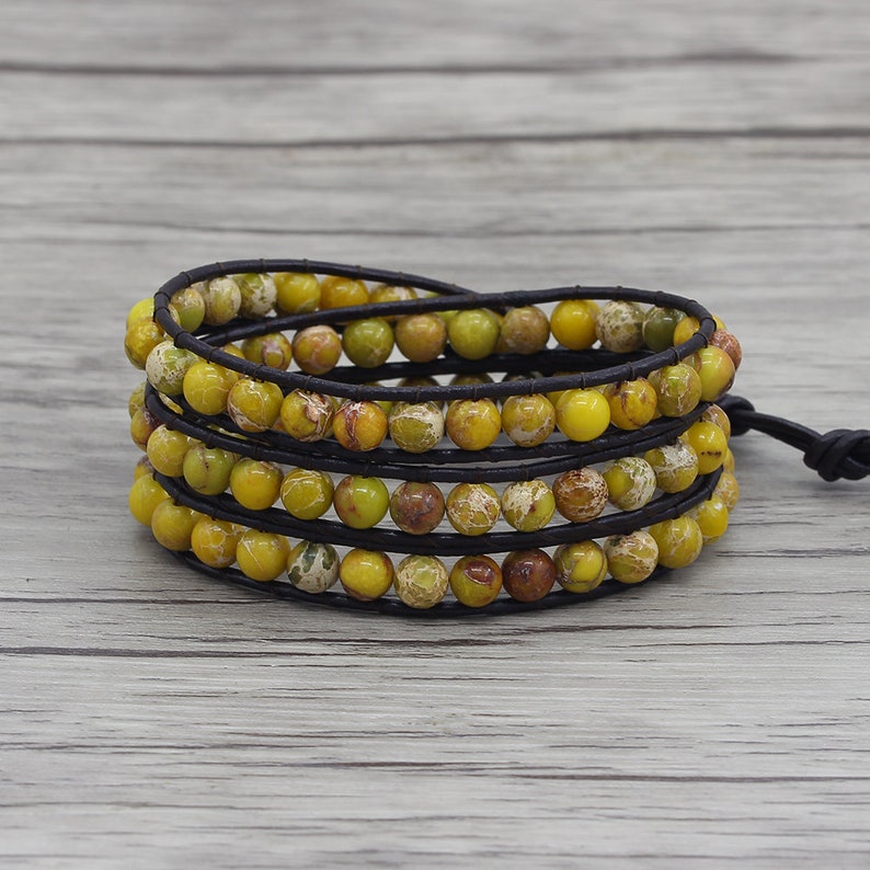 Yellow Jasper Bracelet Leather Wrap Bracelet Boho Beads Etsy