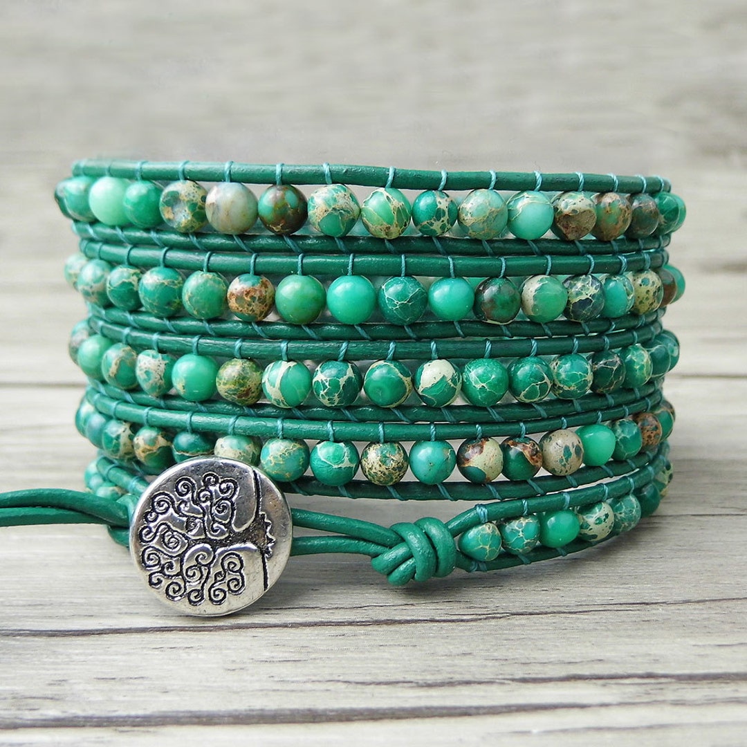 Wrap Bracelet Leather Wrap Bracelet Green Jasper Beads Etsy