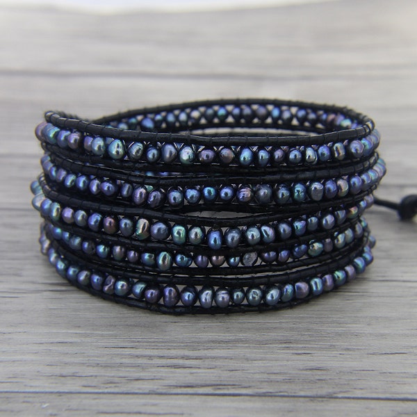 Negro Perla pulsera Bohemia cuero Pulsera perlas de agua dulce abrigo pulsera boho grano abrigo cuero wrap pulsera SL-0463