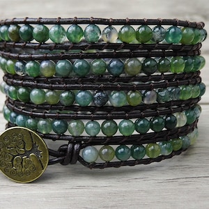 Leather Wrap Bracelet Moss Grass Agate beads Bracelet Gemstone Bead wrap Bracelet Yoga bracelet Boho bracelet Christmas gift SL-0032