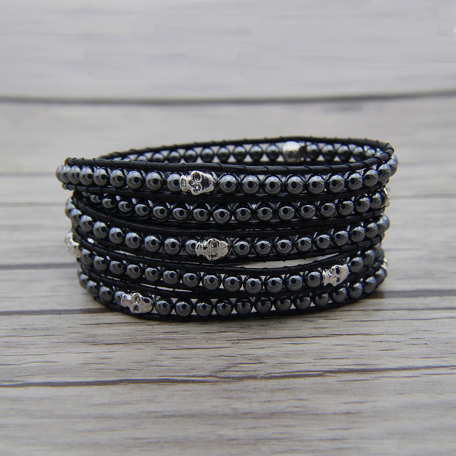 Black Beads Bracelet Hematite Beads Wrap Bracelet Leather Wrap Etsy