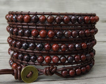 Leather wrap bracelet beaded bracelet Rust beads bracelet boho wrap bracelet yoga leather bracelet Western bracelet Red Jewelry SL-0174