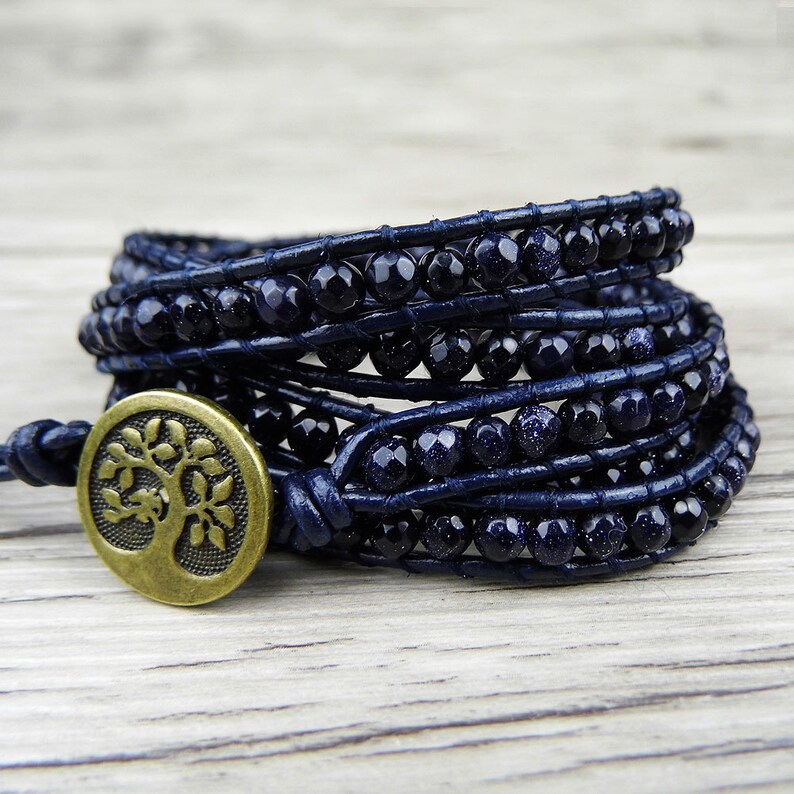 Navy Blue Wrap Bracelet Leather Wrap Bracelet Boho Beaded Etsy
