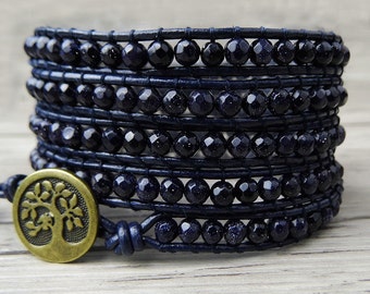 Navy blue wrap bracelet Leather wrap bracelet boho beaded bracelet Agate bead bracelet Leather bracelet yoga bracelet beads Jewelry SL-0223