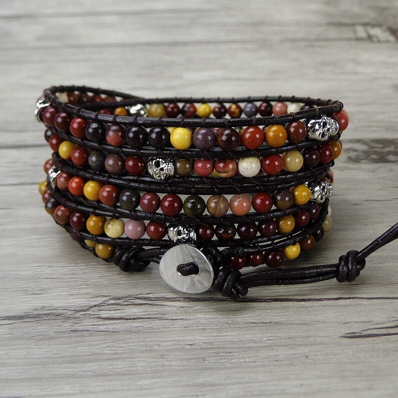 Gemstone wrap Bracelet Mookaite bead bracelet men wrap bracelet Boho skull bead bracelet boho gemstone Bracelet yoga bead bracelet SL-0274