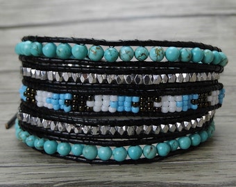 Blue Beads Bracelet Turquoise Beads Bracelet Leather Waps Bracelet Boho Bass beads Bracelet Seed beads Bracelet Turquoise Bracelet SL-0420