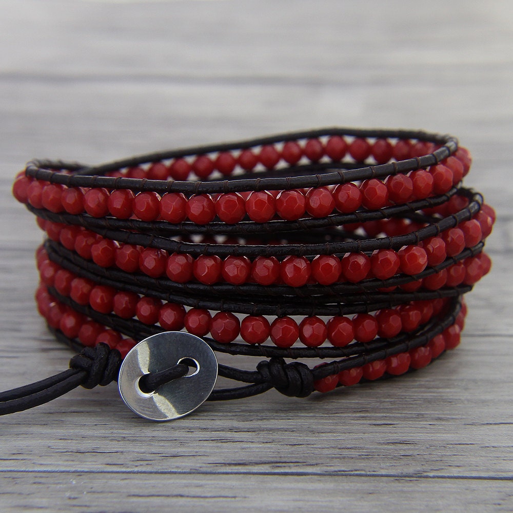 Red bead wrap bracelet 5 wraps bracelet BOHO leather bracelet | Etsy