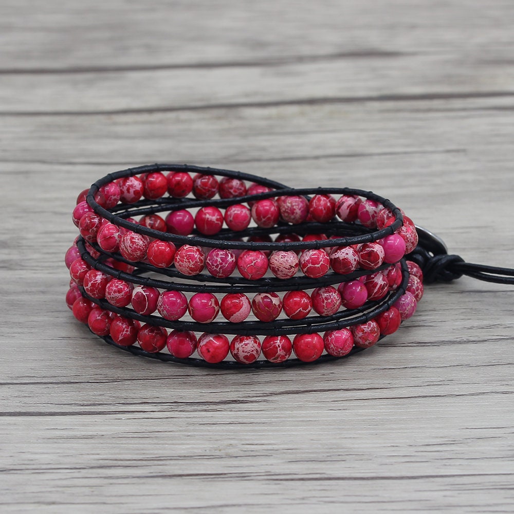 Boho Beads bracelet leather wrap bracelet rose red jasper | Etsy