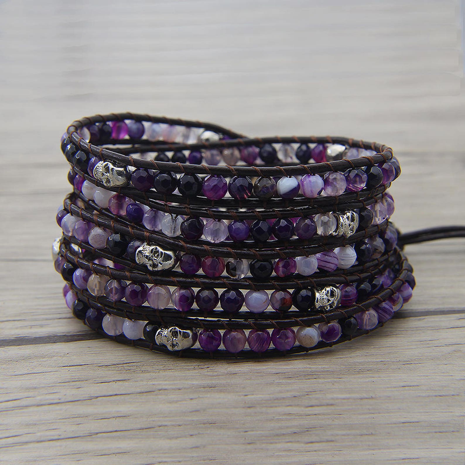 Skull Beads Bracelet Purple Bead Bracelet Purple Onyx Agate Etsy