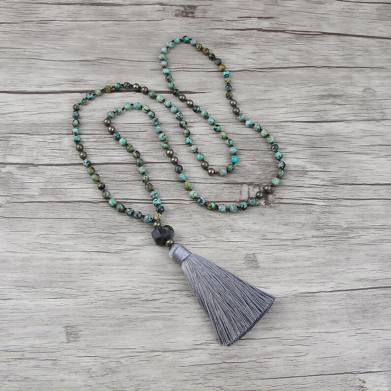 African Turquoise necklace Gemstone bead necklace Boho tassel necklace long bead necklace Natural stone bead necklace boho necklace NL-020