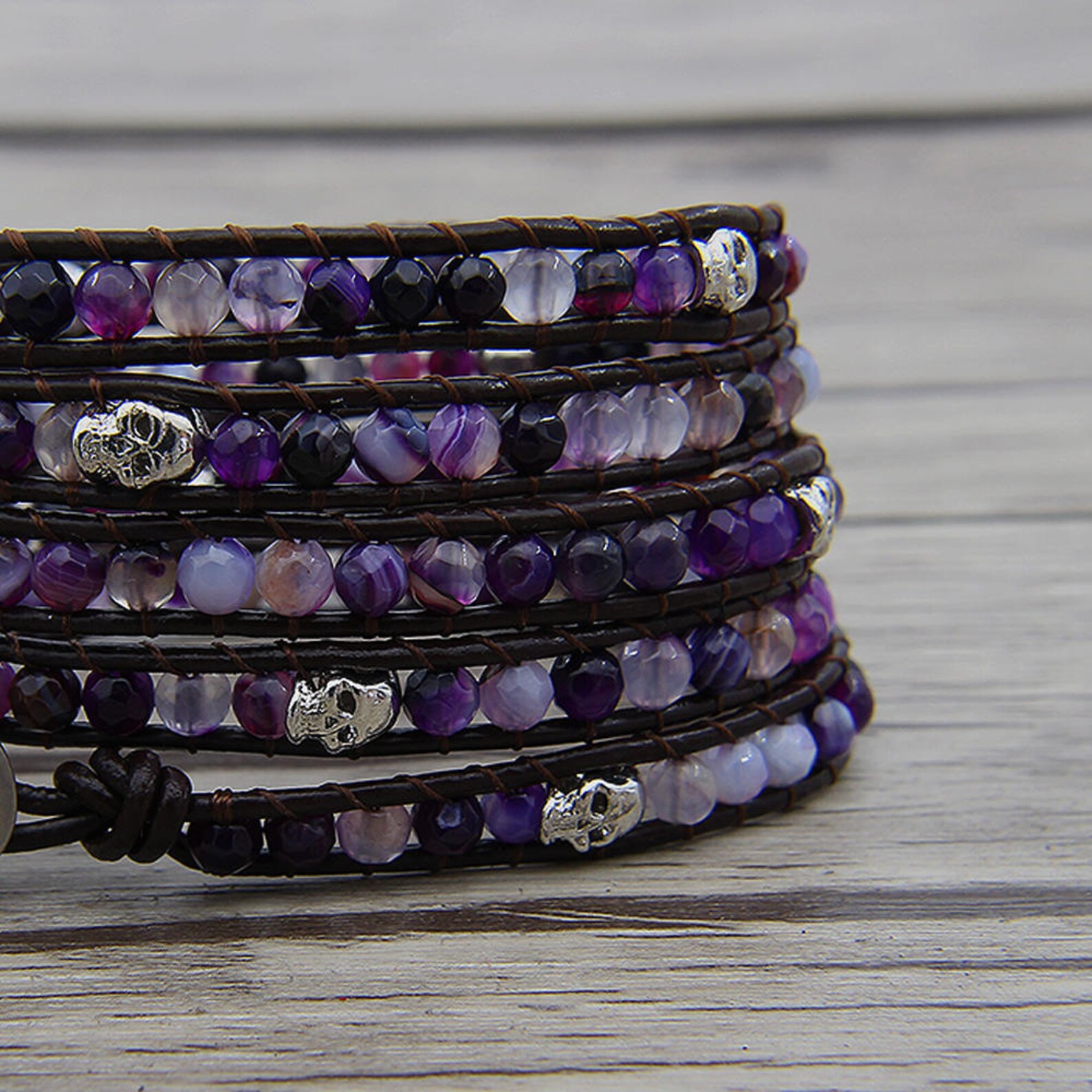 Skull Beads Bracelet Purple Bead Bracelet Purple Onyx Agate Etsy