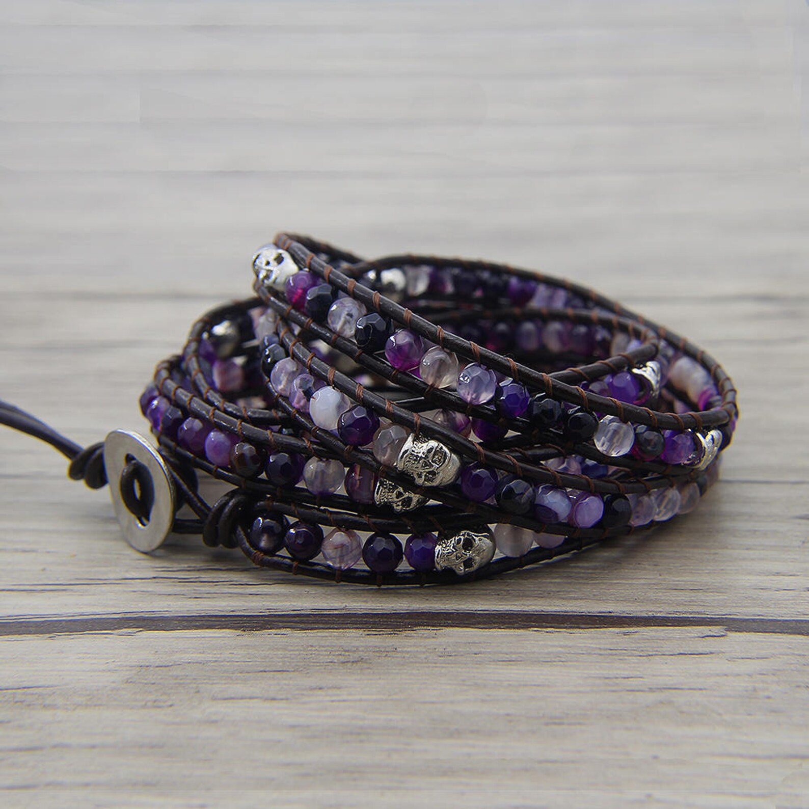 Skull Beads Bracelet Purple Bead Bracelet Purple Onyx Agate Etsy