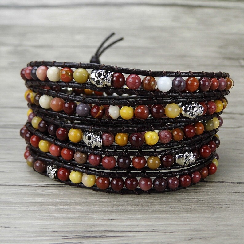 Gemstone wrap Bracelet Mookaite bead bracelet men wrap bracelet Boho skull bead bracelet boho gemstone Bracelet yoga bead bracelet SL-0274