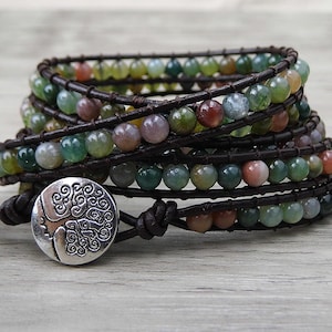 Leather Wrap bracelet India Agate bead bracelet women boho bead wrap bracelet leather bracelet gemstone bracelet natural stone Jewelry SL039 image 1