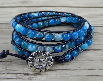 bead wrap bracelet Leather bead bracelet Blue agate beads bracelet Yoga beaded bracelet Gemstone wrap bracelet boho bracelet  SL-0180