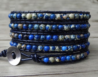 beaded wrap bracelet Blue jasper beads bracelet gemstone wrap bracelet boho bracelet yoga bracelet 5 wraps bracelet Leather Jewelry SL-0185