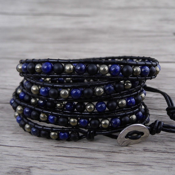 pyrite bracelet picasso lapis lazuli bead bracelet black matt | Etsy
