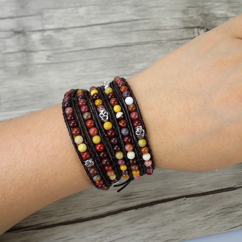 Gemstone wrap Bracelet Mookaite bead bracelet men wrap bracelet Boho skull bead bracelet boho gemstone Bracelet yoga bead bracelet SL-0274