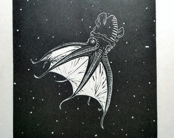 vampire squid // linocut print // handprinted
