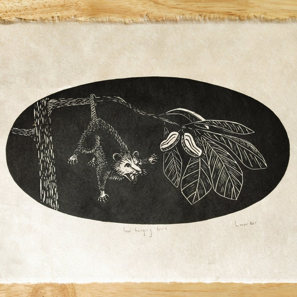 possum in a pawpaw tree // linocut print // handprinted