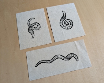 Parches de lombrices de tierra // Estampados en bloque // Lona de algodón natural // Hecho a mano