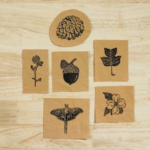 appalachian nature patches // block printed // brown duck canvas // handmade