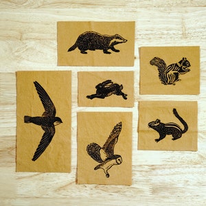 animal patches // block printed // brown cotton canvas // handmade