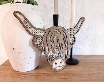 Boho Rattan Highland Cow | Rattan Wood | Rattan Decor | Boho Decor | Highland Cow Decor | Laser Wood Cutout | Laser Wood Sign | Boho Sign