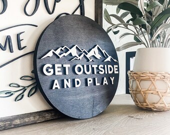 Get Outside and Play | Wooden 3D Laser Sign | Wood Sign | Wooden Sign | Laser Wood Sign | 3D Wood Sign | Mountain Sign | Round Sign