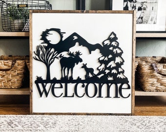 Moose Welcome Wood Sign | Laser Cut 3D Woodland Decor