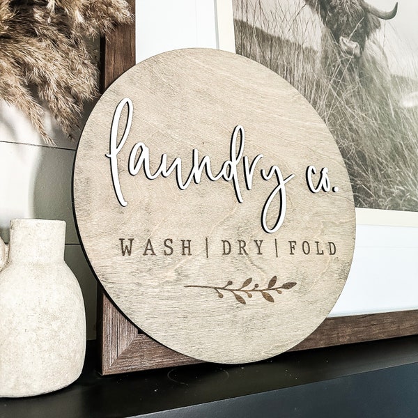 Laundry Wood Sign | Wash Dry Fold Sign | Sign for Laundry Room | Raised Lettering | Round Wood Sign | Engraved Sign | 3D Letters
