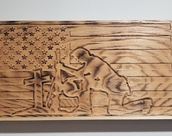 Wooden flag, fallen solider flag, kneeling solider flag, fallen solider engraved flag, wooden flag of kneeling solider