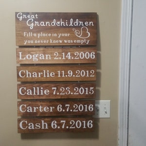 Great Grandchildren sign, Grandchildren fill a place in your heart you never knew was empty, grandparents sign, grandchildren birthdates