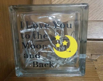 I love you to the moon and back glass block night light, baby decor, moon night light. I love you to the moon and back light