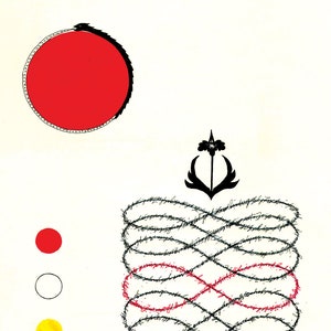 May include: A black and white illustration of a stylized infinity symbol with a red infinity symbol inside. The infinity symbol is surrounded by a black circle with a flower design at the top. There are four colored circles in the bottom left corner: red, white, yellow, and black.