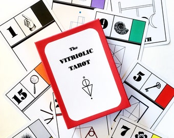 May include: A red box with the text "The Vitriolic Tarot" on the front. The box is surrounded by tarot cards with various symbols and numbers.