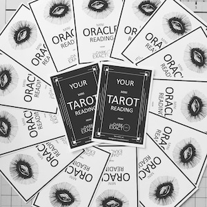May include: A close-up of a stack of black and white cards with the text "Your Mini Tarot Reading from The Dark Exact" and "Your Mini Oracle Reading from The Dark Exact".