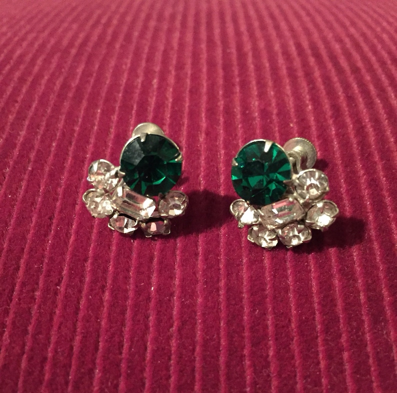 Vintage Green and Clear Rhinestone screw back Earrings