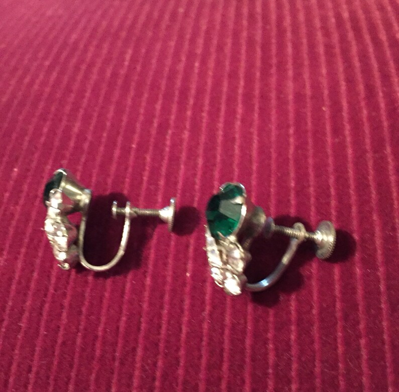 Vintage Green and Clear Rhinestone screw back Earrings