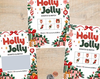 Holly Jolly Christmas Scratch Off Cards | Retro Christmas Party Game | Match 3 Ornaments | Holiday Prize Activity