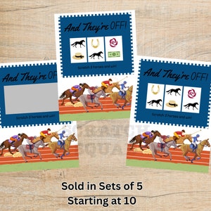 May include: A set of horse racing scratch-off game cards. Each card features the text "And They're OFF!" and the prompt "Scratch 3 horses and win!" The cards have a blue border and include horse racing imagery.