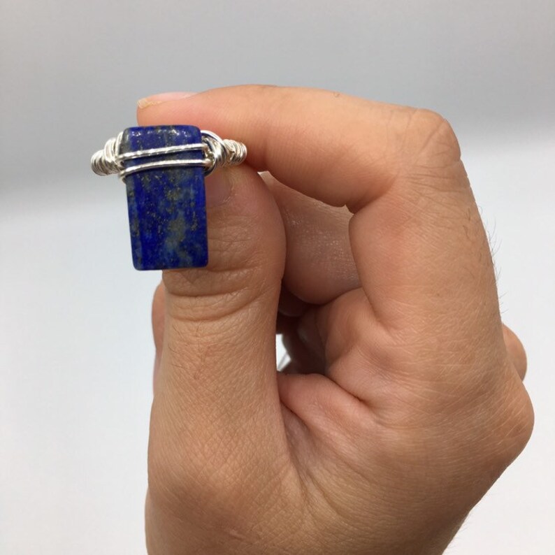 Genuine Lapis Lazuli Silver Plated Wire Wrapped Size 7 Ring
