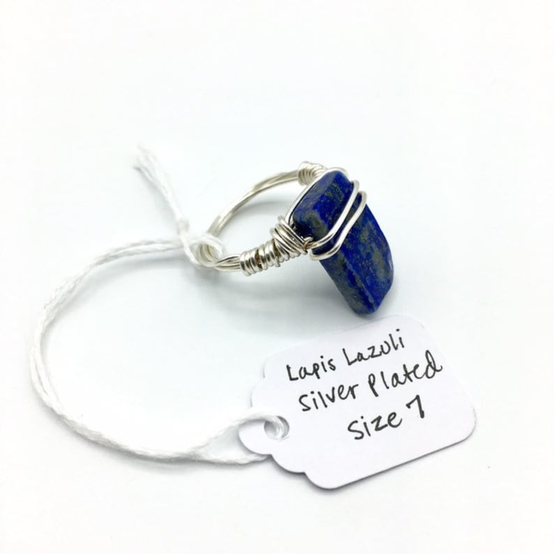 Genuine Lapis Lazuli Silver Plated Wire Wrapped Size 7 Ring
