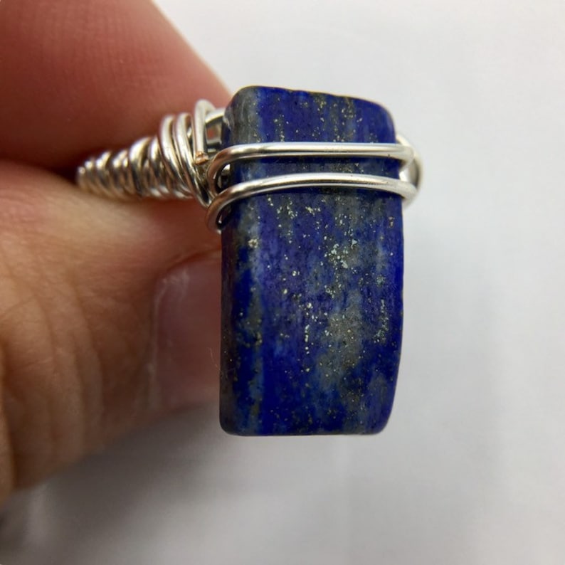 Genuine Lapis Lazuli Silver Plated Wire Wrapped Size 7 Ring