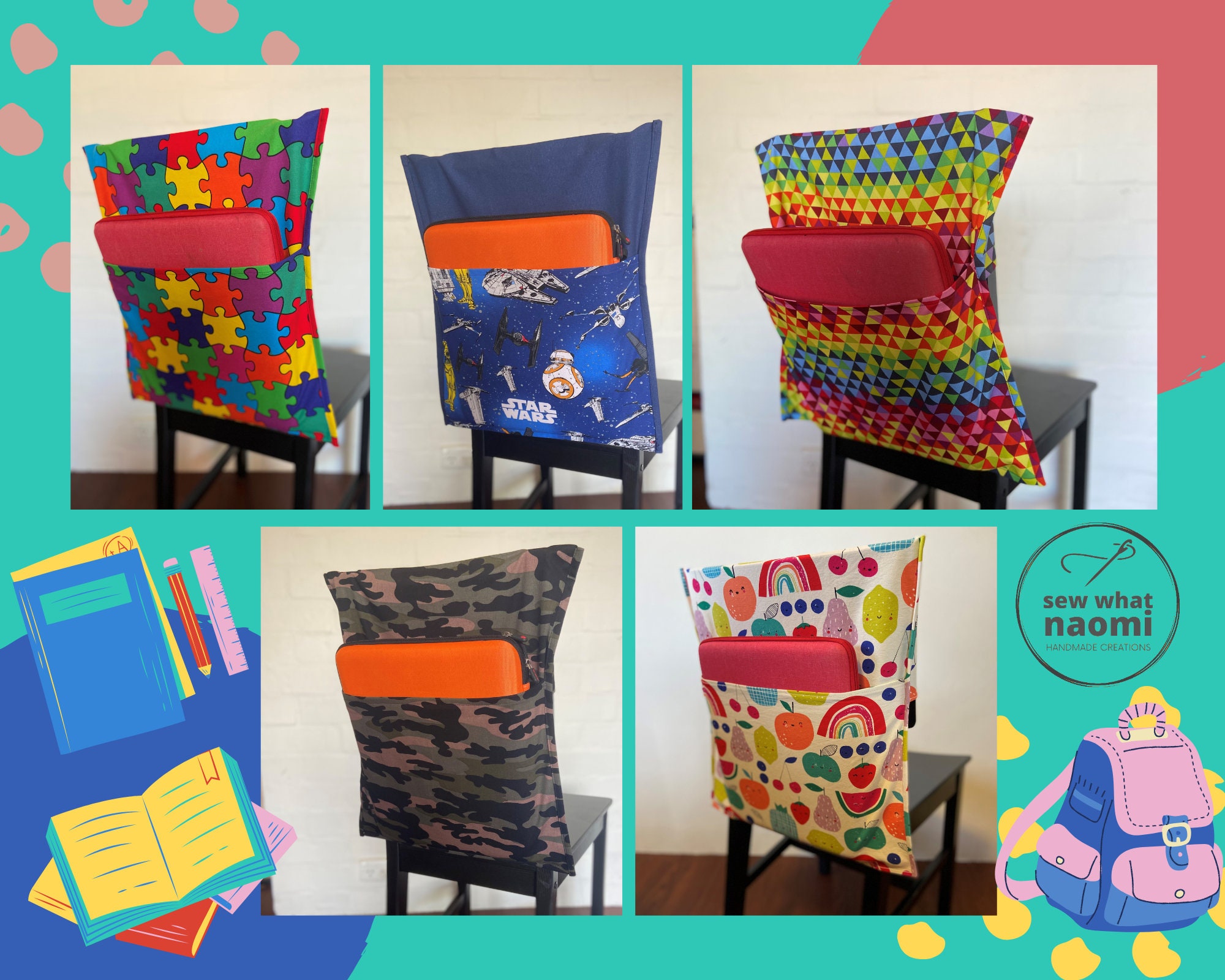 School Chair Bag Cotton Fun Kids Designs junior YR 1&2 Etsy UK